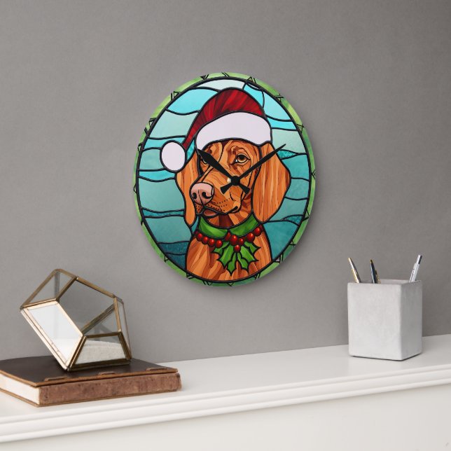 Vizsla Stained Glass Christmas  Large Clock (Office)