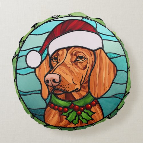 Vizsla Stained Glass Christmas  Round Pillow