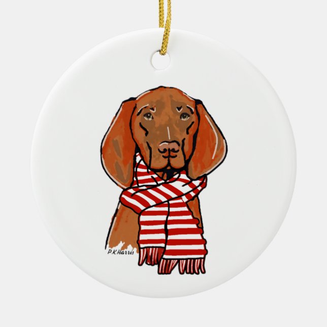 Vizsla wearing a red and white scarf ceramic ornament (Front)