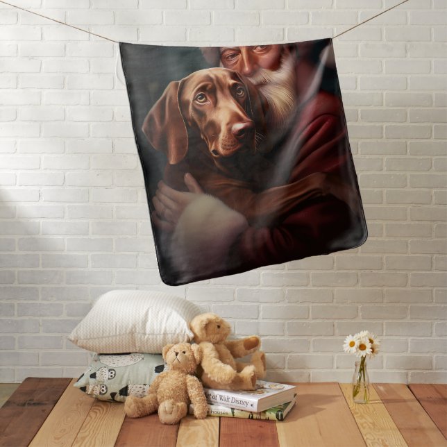 Vizsla With Santa Claus Festive Christmas Baby Blanket (In Situ)