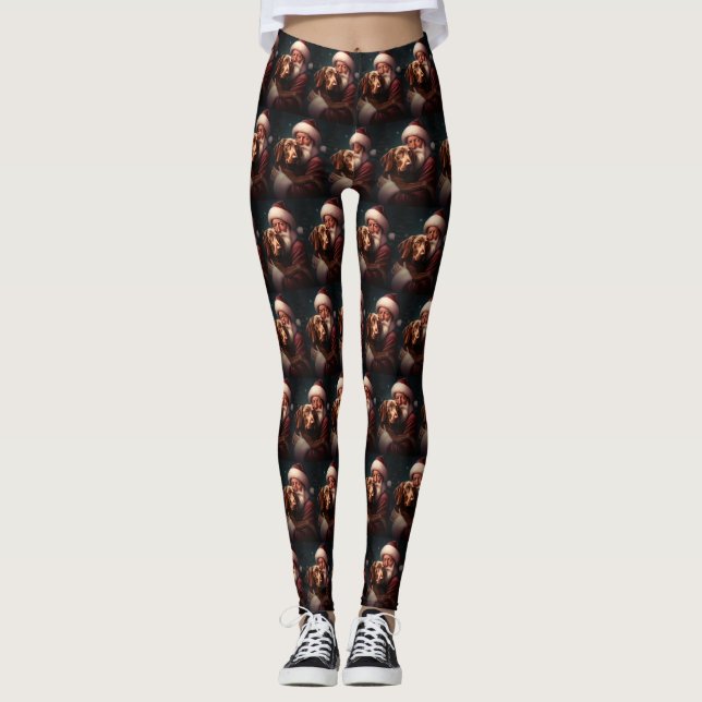 Vizsla With Santa Claus Festive Christmas Leggings (Front)