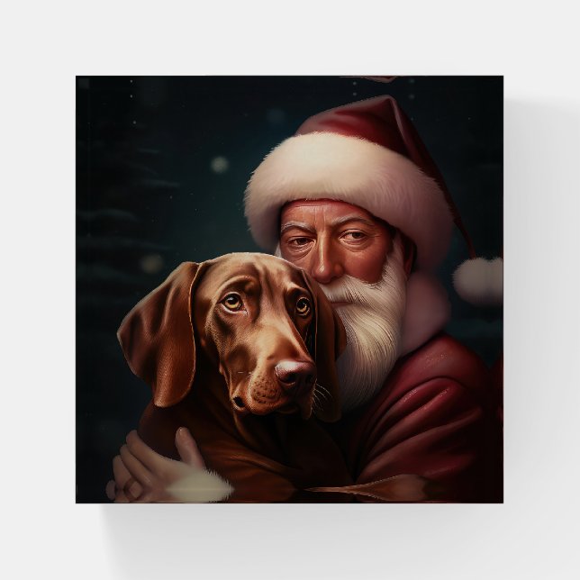 Vizsla With Santa Claus Festive Christmas Paperweight (Front)