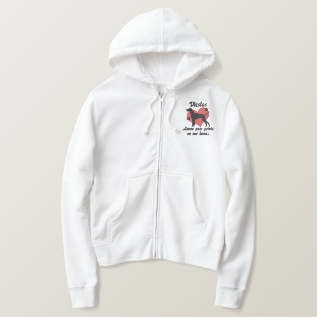 Vizslas Leave Paw Prints Embroidered Zipper Hoodie (Design Front)
