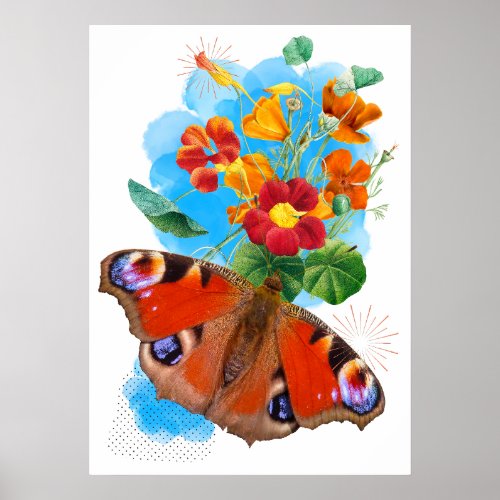 Vlinder met vintage stijl bloemen poster