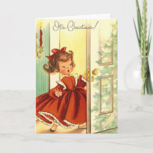 Vntage Little Christmas Girl In Red Dress Holiday Card