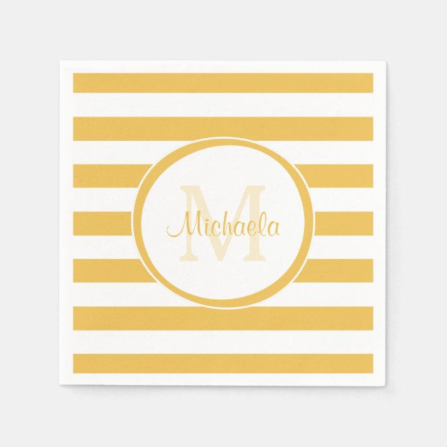 Vogue Bright Yellow Rugby Stripes and Party Name Napkins (Front)