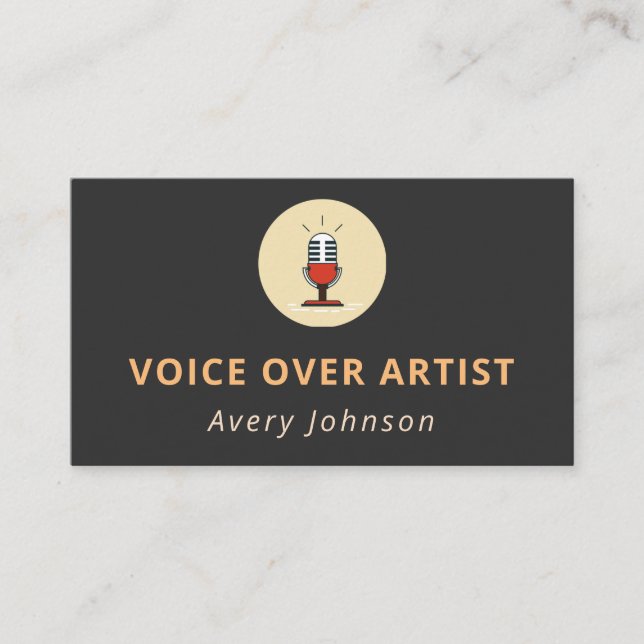 Voice Over Artist Microphone Icon Logo Simple Gray Business Card (Front)