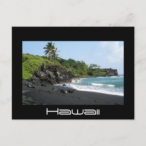 Volcanic black sand beach on Hawaii black postcard