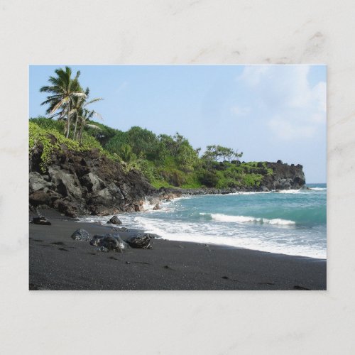 Volcanic black sand beach on Hawaii postcard