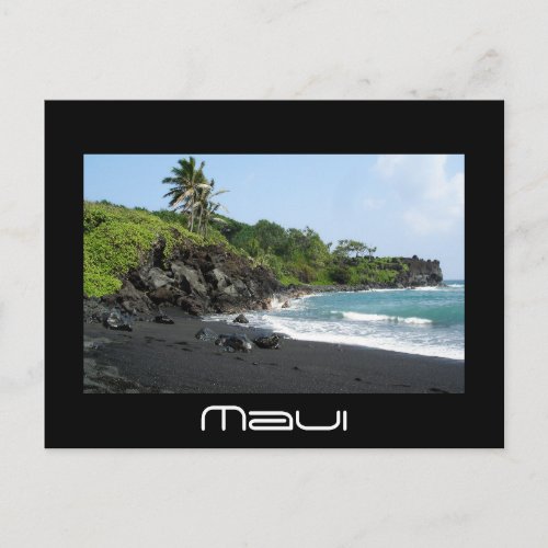 Volcanic black sand beach on Maui text postcard