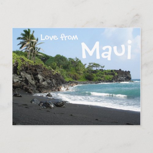 Volcanic black sand beach on Maui text postcard