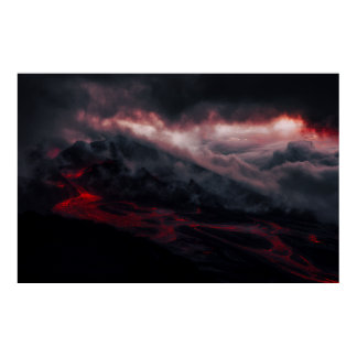 Volcanic Eruption Lava Rivers Night Landscape Poster