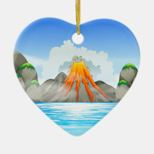 Volcano eruption at the lake ceramic ornament