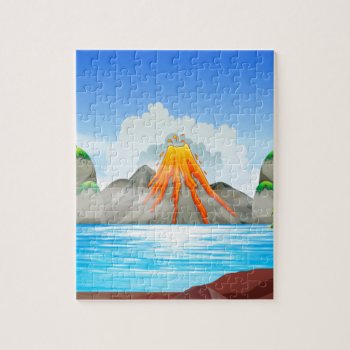 Volcano Eruption At The Lake Jigsaw Puzzle by GraphicsRF at Zazzle