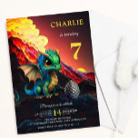 Volcano Fire Dragon Kid Boy's Birthday Invitation<br><div class="desc">A dragon themed Boy's Birthday Invitation. The Kid's design features a green dragon sitting beside an exploding lava volcano with a dragon egg. The text reads ' Your Child's Name is turning X '. Personalize by editing with your event details.</div>
