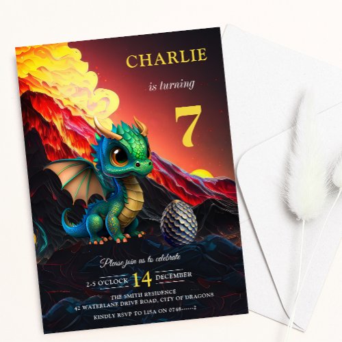 Volcano Fire Dragon Kid Boys Birthday Invitation