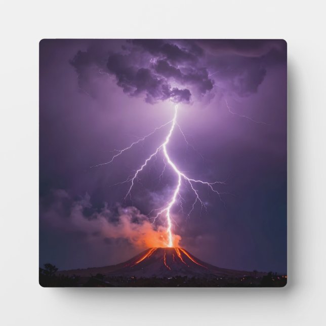 Volcano Lightning Eruption Dramatic Night Plaque (Front)