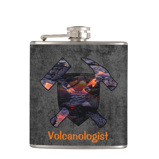 Volcanologist's Rock Hammer and Shield Logo Flask (Front)