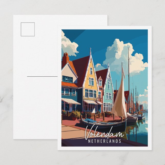 Volendam Netherlands vintage travel illustration Postcard (Front/Back)