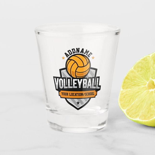 Volleyball ADD TEXT School Varsity Team Player Shot Glass (Front)