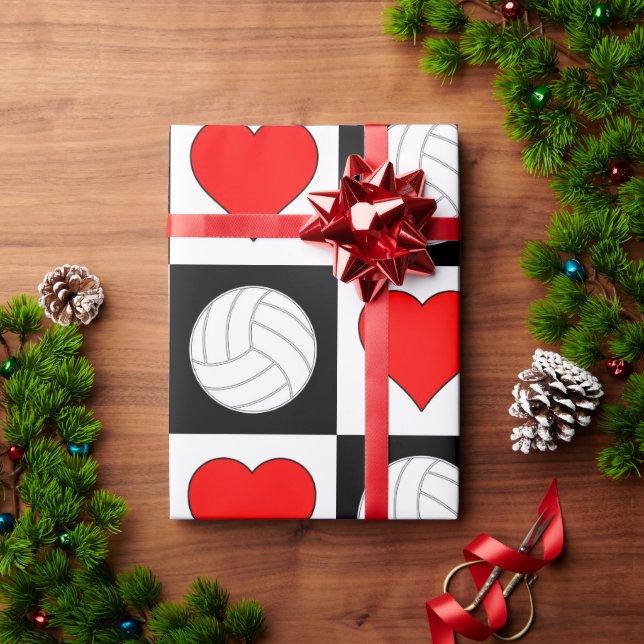 Volleyball and Hearts Black & White Checkered Wrapping Paper (Holiday Gift)
