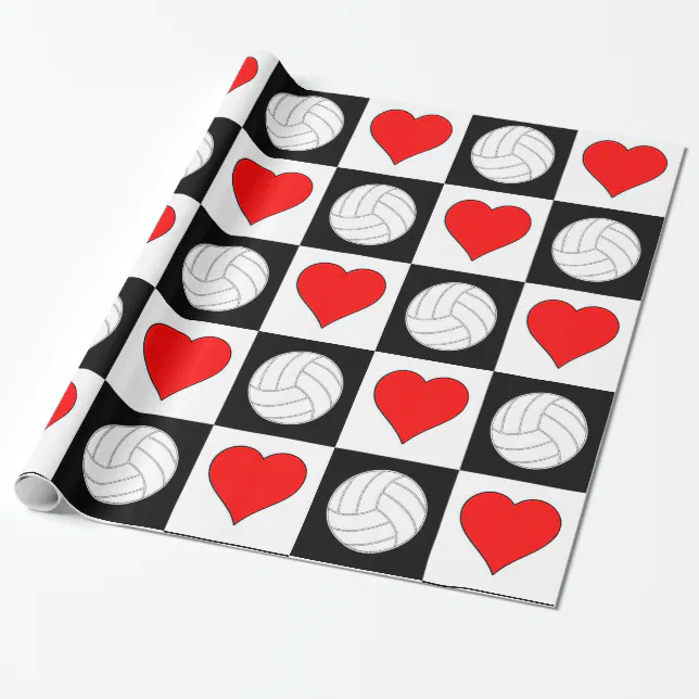 Volleyball and Hearts Black & White Checkered Wrapping Paper Zazzle