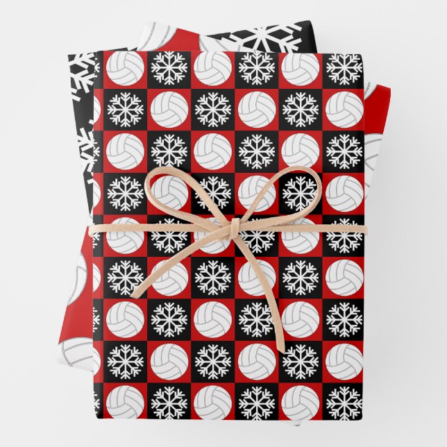 Volleyball and Snowflake Red and Black Christmas Wrapping Paper Sheets (In situ)