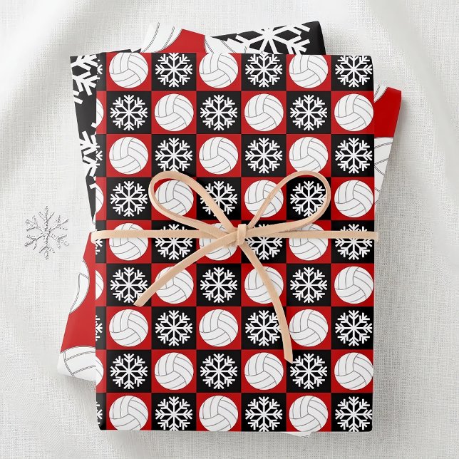 Volleyball and Snowflake Red and Black Christmas Wrapping Paper Sheets (Cute volleyball Christmas wrapping paper for volleyball players, coaches and fans.)