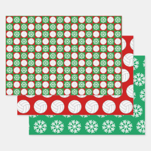 Volleyball and Snowflake Red and Green Christmas Wrapping Paper Sheets