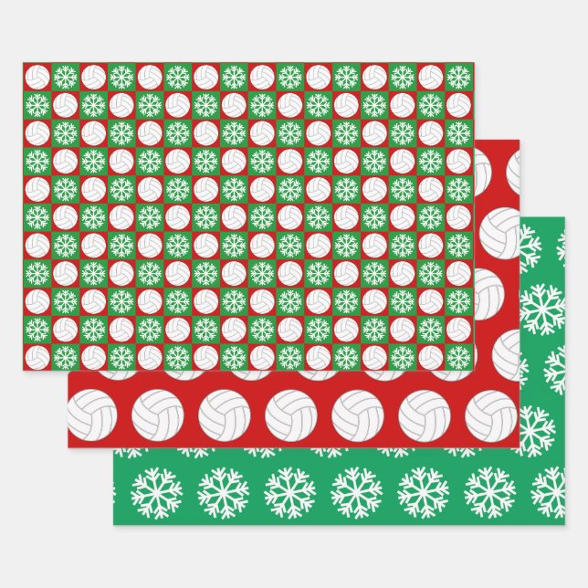 Volleyball and Snowflake Red and Green Christmas Wrapping Paper Sheets (Set)