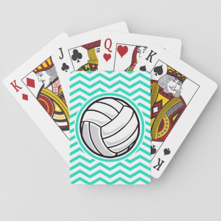 Volleyball; Aqua Green Chevron Playing Cards