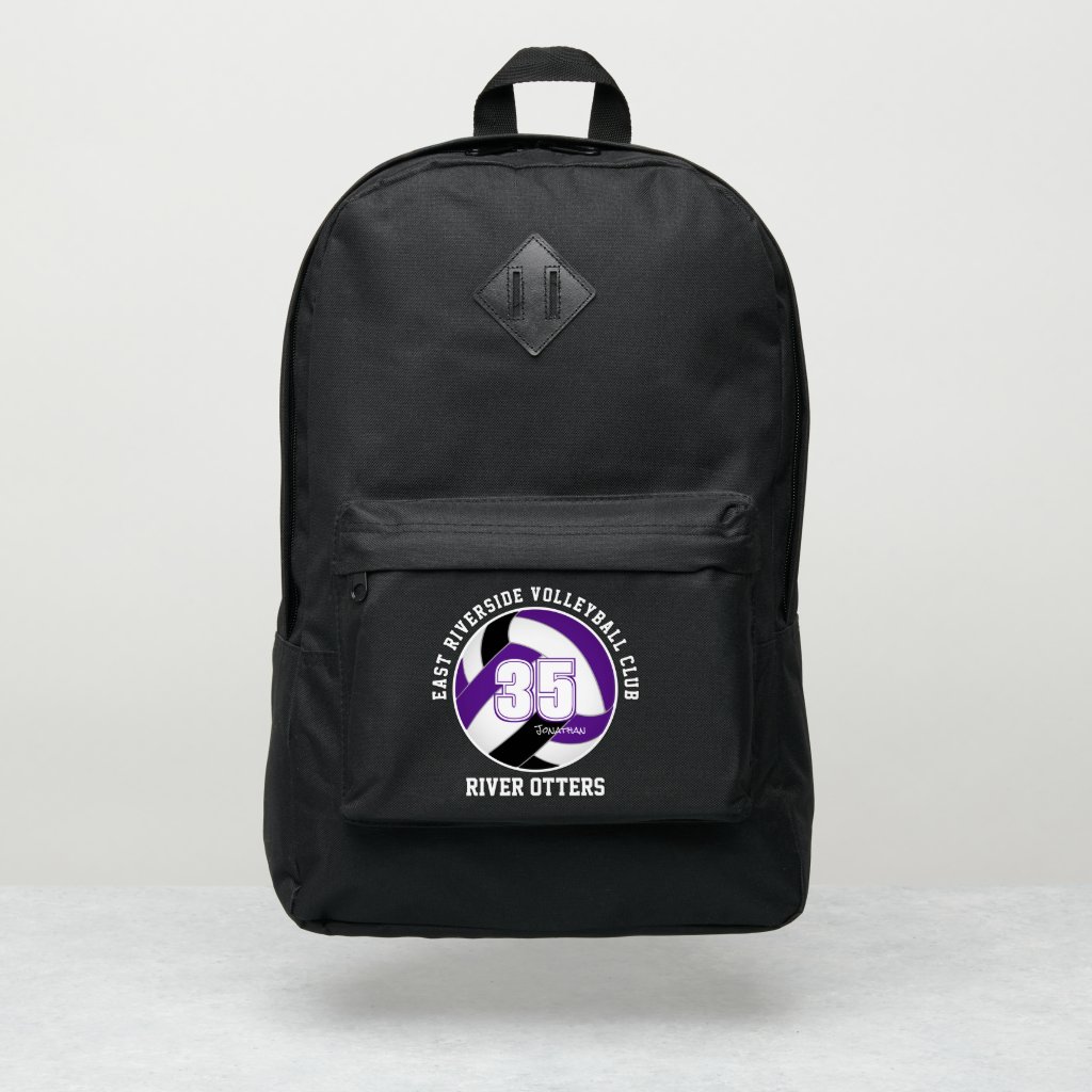 volleyball athlete name purple black team colors backpack