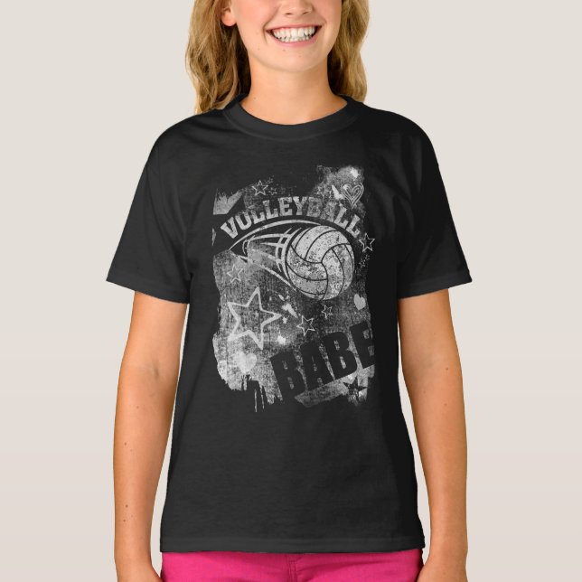 Volleyball Babe's, Black Grunge Volleyball T-Shirt (Front)