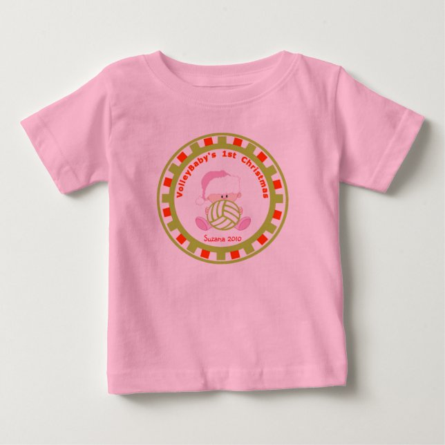 Volleyball Baby Girl 1st Christmas with Name Baby T-Shirt (Front)