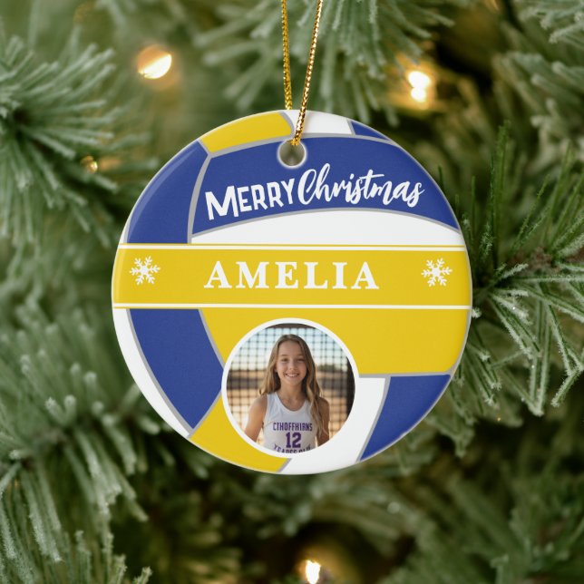 Volleyball Ball Custom Name Merry Christmas Photo Ceramic Ornament (Tree)