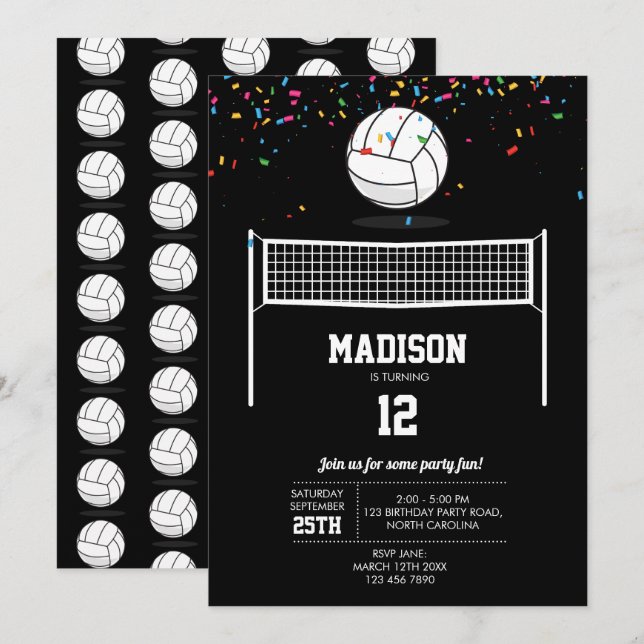 Volleyball Ball & Net Black Birthday Party  Invitation (Front/Back)