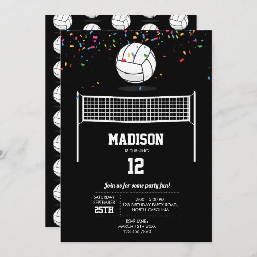 Volleyball Ball  Net Black Birthday Party  Invitation