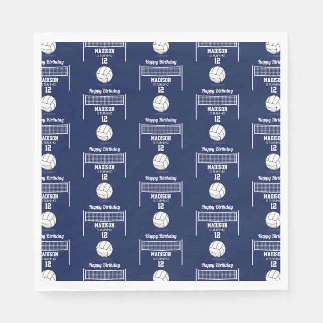 Volleyball Ball & Net Navy Blue Birthday Name Age Napkins (Front)