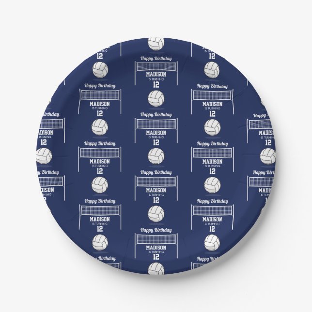 Volleyball Ball & Net Navy Blue Birthday Name Age Paper Plates (Front)