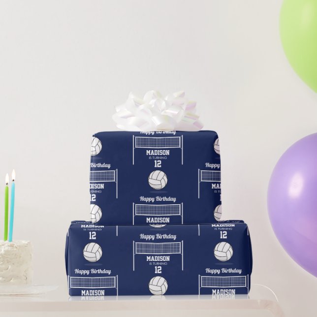 Volleyball Ball & Net Navy Blue Birthday Name Age Wrapping Paper (Party Gifts)