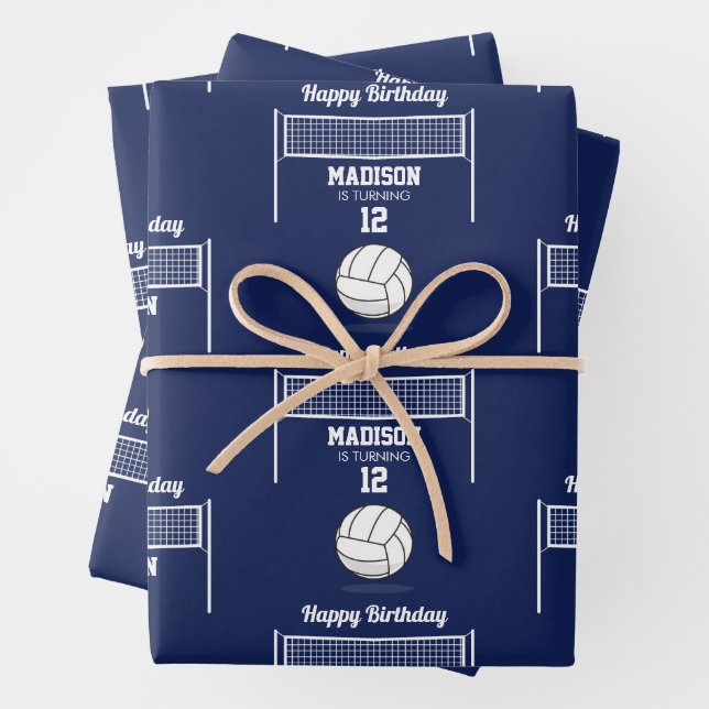 Volleyball Ball & Net Navy Blue Birthday Name Age Wrapping Paper Sheets (In situ)