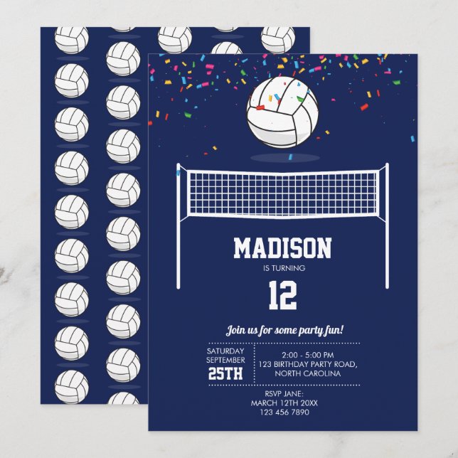 Volleyball Ball & Net Navy Blue Birthday Party  Invitation (Front/Back)