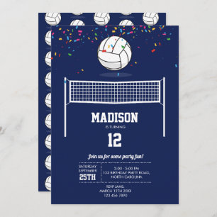 Volleyball Ball & Net Navy Blue Birthday Party Invitation