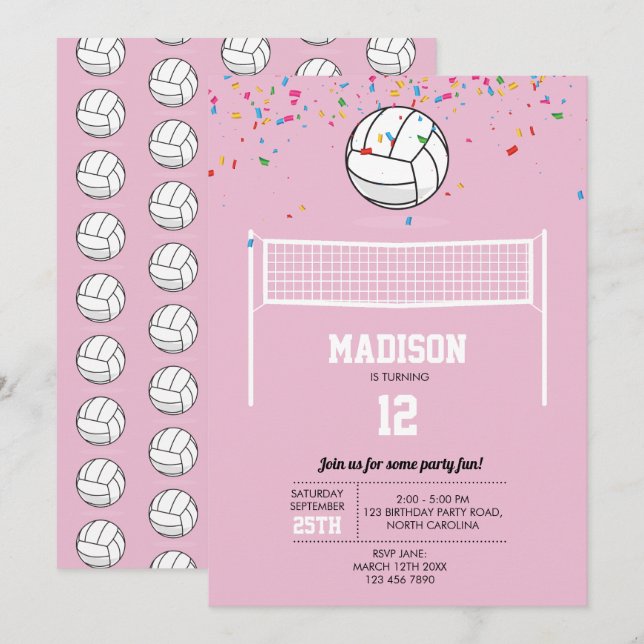 Volleyball Ball & Net Pink Girl Birthday Party  Invitation (Front/Back)