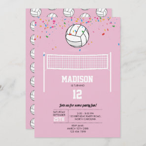 Volleyball Ball & Net Pink Girl Birthday Party  Invitation