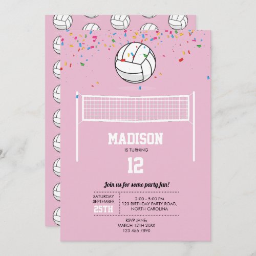 Volleyball Ball  Net Pink Girl Birthday Party  Invitation