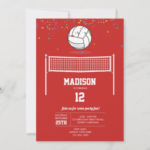 Volleyball Ball  Net Red Birthday Party  Invitation