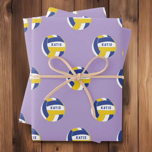 Volleyball Ball Pattern Kids Name Birthday  Wrapping Paper Sheets (Creator Uploaded)