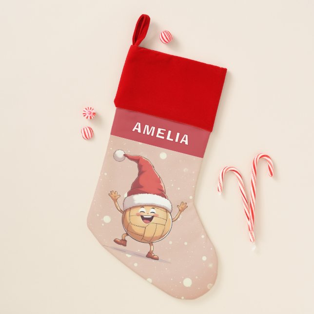 Volleyball Ball Red Santa Hat Name Christmas Stocking (Front)