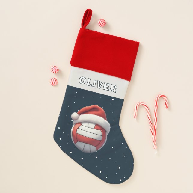 Volleyball Ball Red Santa Hat Name Christmas Stocking (Front)